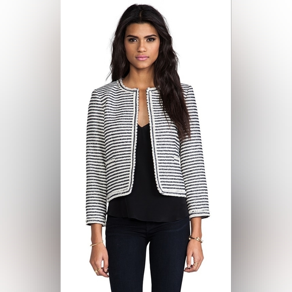Alice + Olivia Kidman navy blue and cream striped tweed jacket